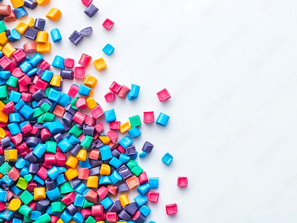 Top view of colorful polymer masterbatch granules, light background, industrial plastic template on a white background.
Top view of colorful polymer masterbatch granules, light background, industrial plastic template on a white background.