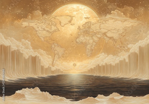 Elegant Sepia World Map Illustration with Celestial Navigation Elements in Art Nouveau Style