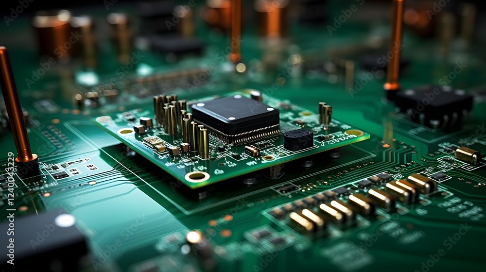 Closeup view of small metal machine nuts placed on a printed circuit board with an abstract electronic technology design  Concept of engineering industrial components and computer hardware