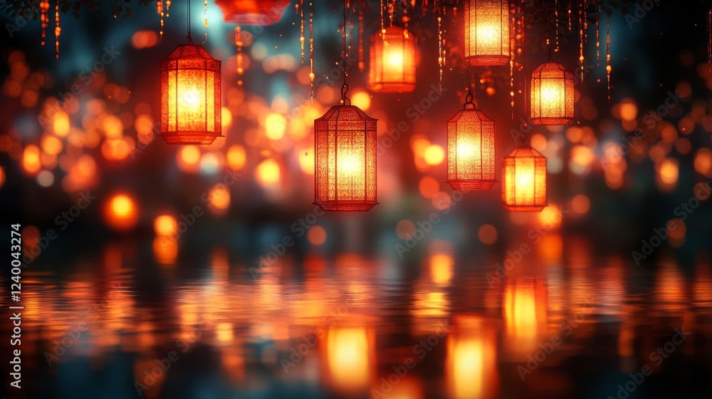 Naklejka premium Glowing Orange Lanterns Hanging Over Dark Water