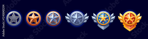 Rating star level medal, game rank badge, heraldic medal progression from simple metal and bronze to silver and gold emblems with wings and laurels. Cartoon vector gui player achievement trophy icons