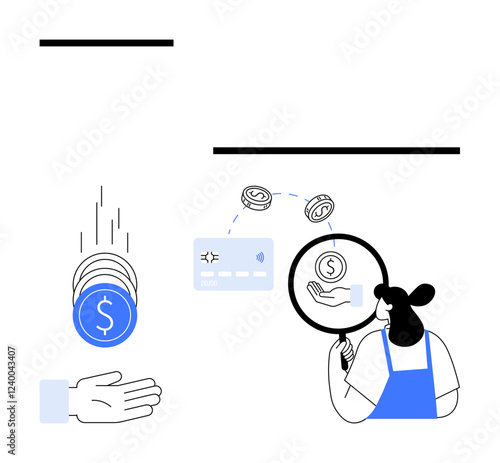Woman examines currency sign with magnifying glass, coins falling into hand, credit card connected to monetary symbols. Ideal for finance, banking, earnings, transactions, investments, savings