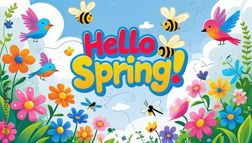 Hello Spring handwritten lettering with floral background. Spring season clebration greeting card, wallpaper, poster, banner. Srping decorated elements butterfly, birds, colorful flowers