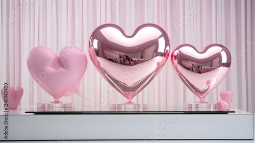 Romantic 3D pink love letters placed on a reflective surface with delicate heart shapes in the background creating a minimalist and elegant design for Valentine s Day wedding or anniversary concepts