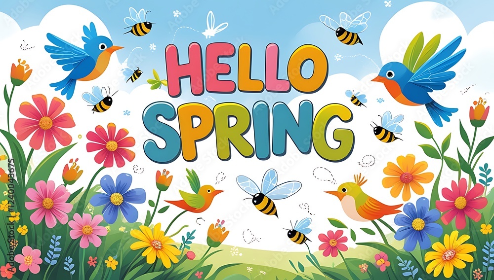 Hello Spring handwritten lettering with floral background. Spring season clebration greeting card, wallpaper, poster, banner. Srping decorated elements butterfly, birds, colorful flowers Hello Spring handwritten lettering with floral background. Spring season clebration greeting card, wallpaper, poster, banner. Srping decorated elements butterfly, birds, colorful flowers