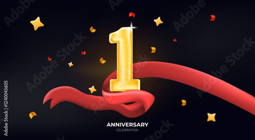 Celebrate a special 1st anniversary with a golden number, festive ribbons, and confetti! milestone events, business anniversaries, and first-year celebrations