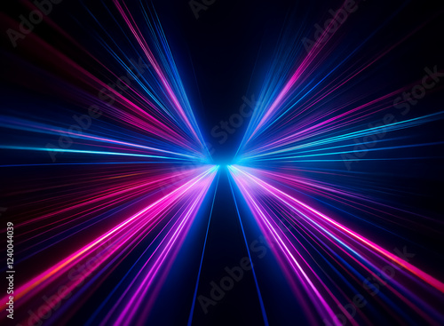 Abstract artwork depicting vibrant pink and blue light streaks converging at a central point  creating a dynamic  starburst-like effect against a black background.  The image evokes a sense of speed a