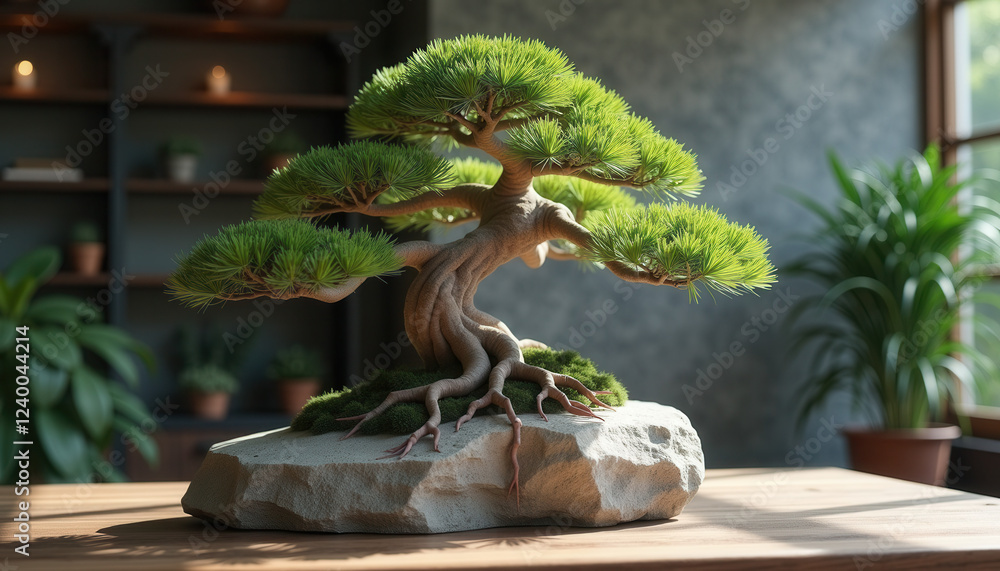 Fototapeta premium Contemporary Bonsai Display with Natural Stone