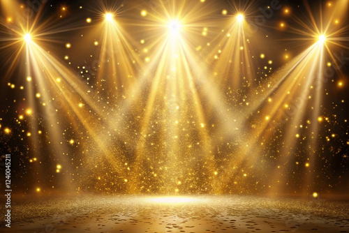 Golden stage lights illuminate dark stage, glittering dust motes