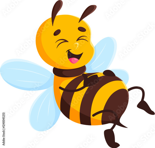 Cartoon honey bee character, cute honeybee animal mascot with cheerful adorable expression and bright black and yellow stripes. Isolated vector flying bee insect personage happily laughing