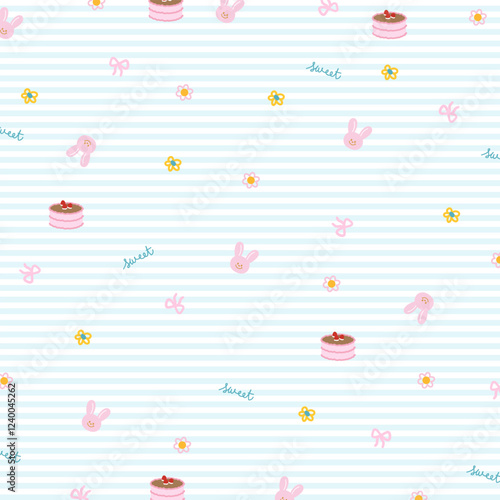 Bunny, birthday cake, flower, pink ribbon on pastel blue stripe background for cute wallpaper, backdrop, animal print, duvet, picnic blanket, curtain, pyjamas, pattern, pet shop, easter, birthday card