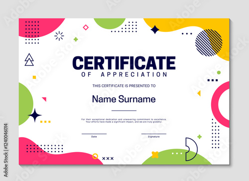 Diploma certificate template with Memphis geometric pattern. Vector appreciation frame with vibrant colors, place for recipient name, date and signature, surrounded by abstract shapes and elements