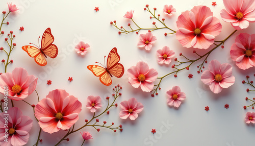 Dreamy Pink Floral Composition with Butterflies in Spring Atmosphere