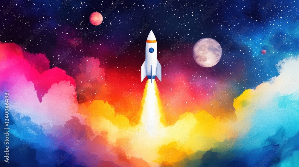 Rocket Launch in Colorful Cosmic Background Rocket Launch in Colorful Cosmic Background