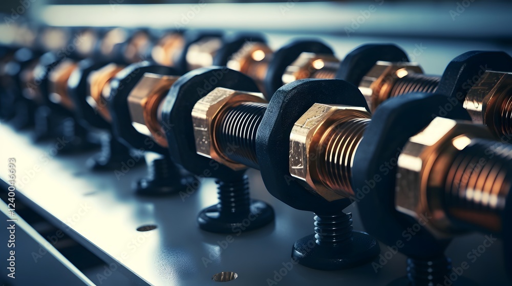 High tech Assembly Line Showcasing a Row of Metallic Nuts and Bolts as Essential Components in Manufacturing and Engineering Processes High tech Assembly Line Showcasing a Row of Metallic Nuts and Bolts as Essential Components in Manufacturing and Engineering Processes