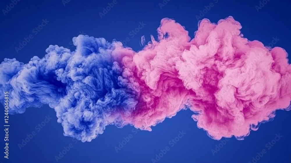 Fototapeta premium Abstract swirls of vibrant pink and blue paint create a mesmerizing blend of color against a deep blue backdrop.