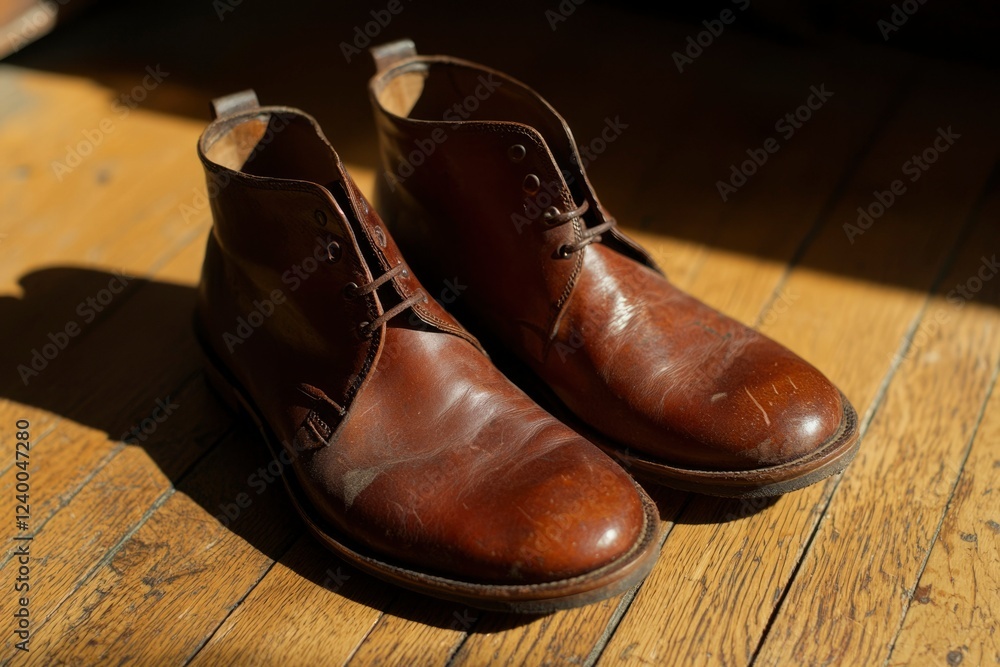 Well Worn Brown Leather Boots Resting On Wooden Floor Well Worn Brown Leather Boots Resting On Wooden Floor