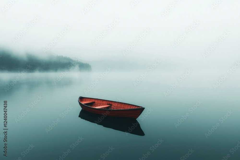 Naklejka premium Solitary Red Rowboat on a Misty Lake