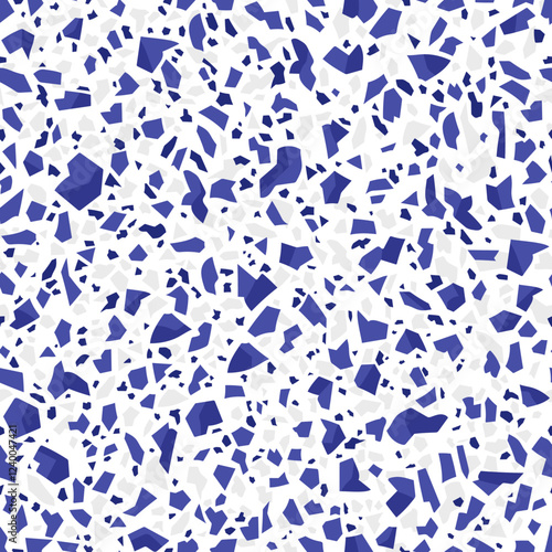 White and blue terrazo ceramic tile pattern, terazzo marble stone floor, terazo mosaic texture background. Vector seamless repeated ornament, featuring irregularly shaped abstract scattered fragments