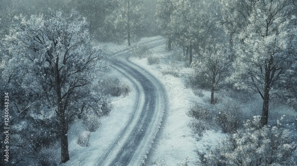 Obraz premium Snowfall aerial view of a winding road through a snow-covered forest, with tire tracks visible