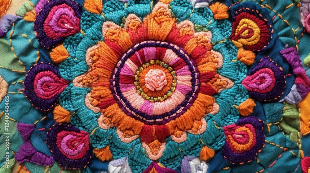 Vibrant mandala embroidery, intricate patterns, bright colors, artistic textile design, decorative home accent, cultural craftsmanship Vibrant mandala embroidery, intricate patterns, bright colors, artistic textile design, decorative home accent, cultural craftsmanship