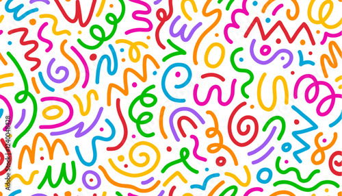 Kid color line squiggle shape seamless pattern. Vector abstract background with chaotic curves. Wallpaper, textile, wrapping paper with dynamic ornament or print exudes sense of movement and energy