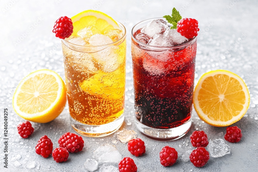 Refreshing summer drinks with lemon and raspberry on a textured table top with ice cubes Refreshing summer drinks with lemon and raspberry on a textured table top with ice cubes