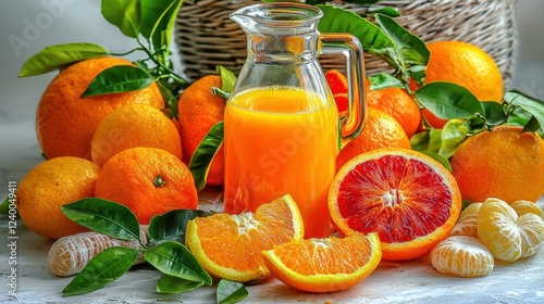 Fresh Orange Juice in Glass Pitcher Surrounded by Vibrant Oranges and Citrus Fruits on Table photo