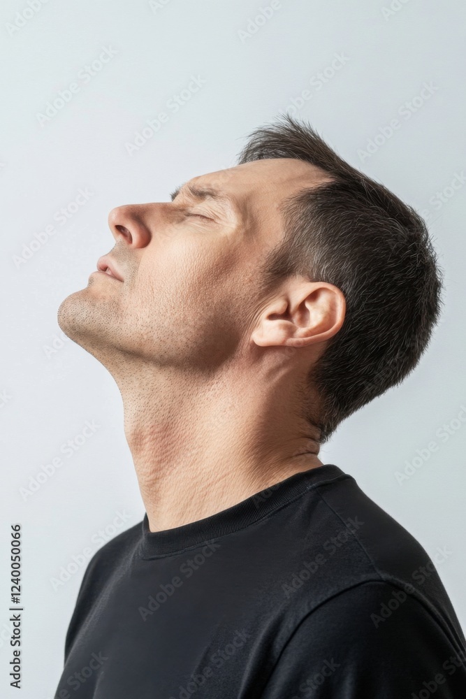 Profile of a man with eyes closed, head tilted back, serene expression, black shirt, studio shot, simple background Profile of a man with eyes closed, head tilted back, serene expression, black shirt, studio shot, simple background