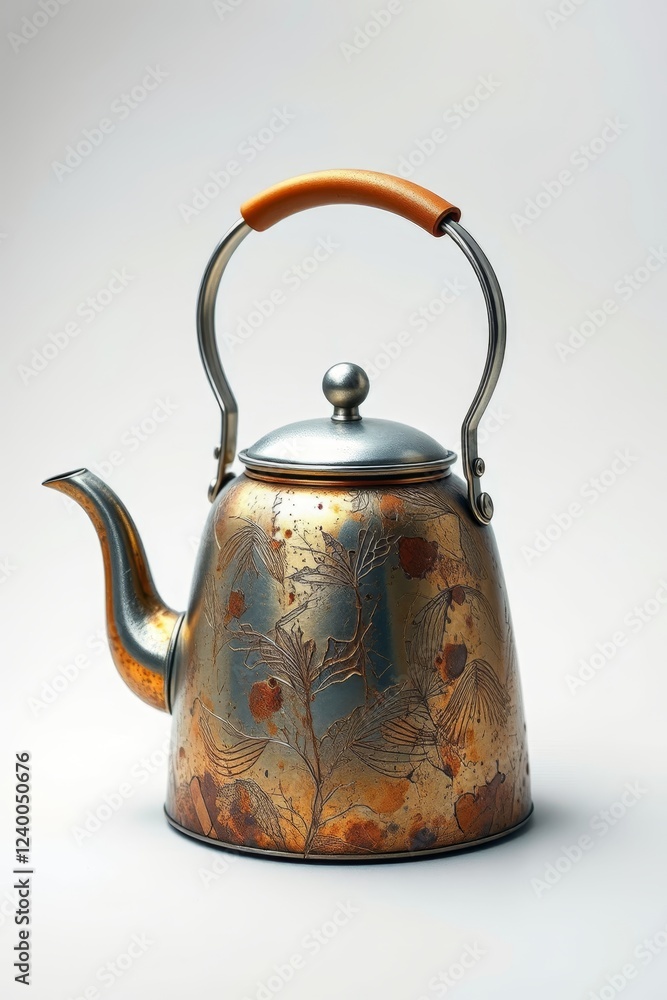 there is a tea kettle with a handle on a white surface there is a tea kettle with a handle on a white surface