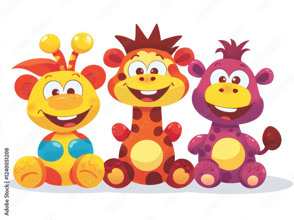 Fototapeta premium Cute cartoon animals including yellow lion, orange giraffe, and purple hippo, all smiling and sitting together. Perfect for children illustrations and playful designs