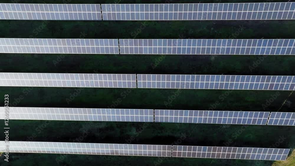 Aerial top down zenithal pan across of rows of solar panels harnessing renewable solar energy Aerial top down zenithal pan across of rows of solar panels harnessing renewable solar energy