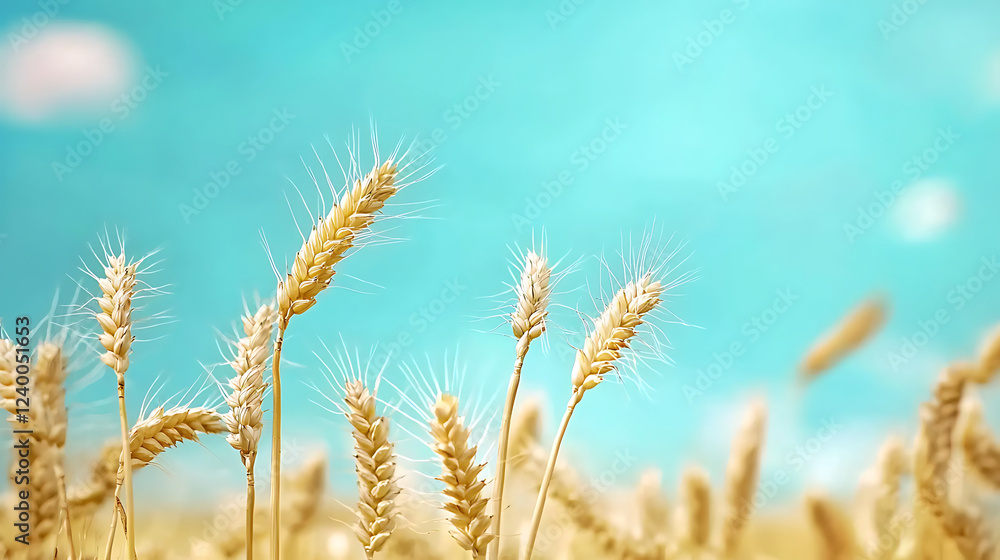 Golden wheat stalks sway gently under bright blue sky, creating serene landscape Golden wheat stalks sway gently under bright blue sky, creating serene landscape