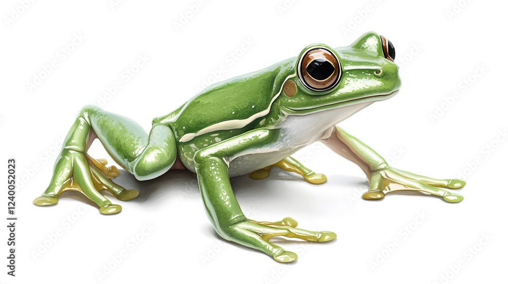 Obraz premium Green Tree Frog Posing Against White Background