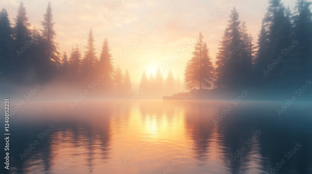 Fototapeta premium Misty Sunrise Over a Tranquil Forest Lake