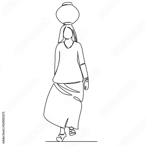 One continuous single drawing line art flat doodletraditional, india, indian, water, women, asia, sari, pot. Isolated image hand draw contour on a white background
