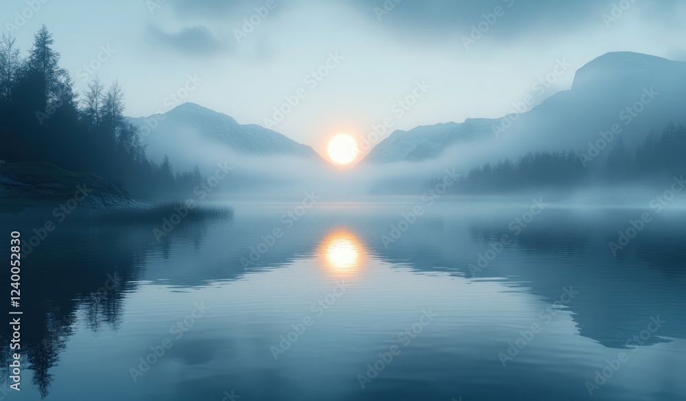 Fototapeta premium Serene Minimalist Twilight Landscape Reflection with Soft Blue Silver Light and Gentle Mist
