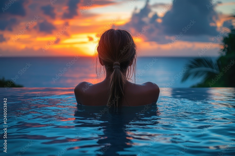 Sunset woman silhouette in infinity pool reflecting over ocean paradise vacation in Tahiti Bora Bora resort Sunset woman silhouette in infinity pool reflecting over ocean paradise vacation in Tahiti Bora Bora resort