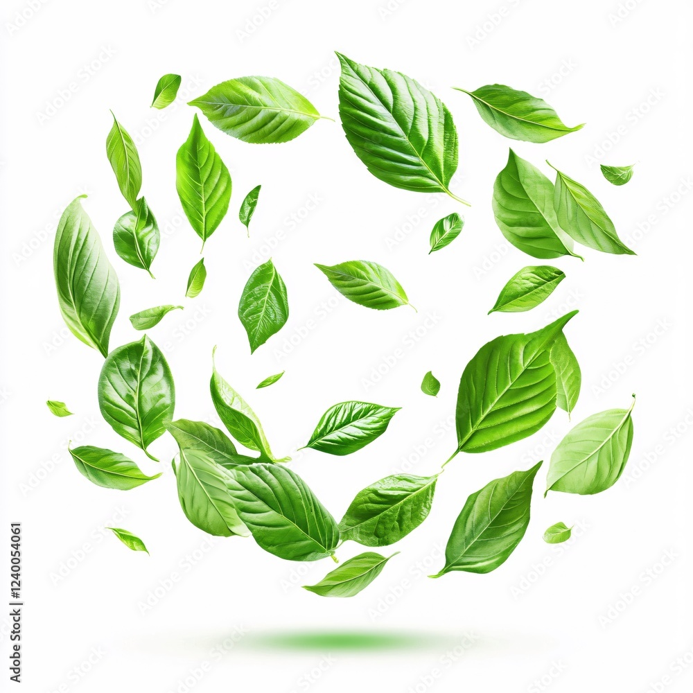 Fresh green leaves floating in a circle against a clean white background creating a vibrant pattern Fresh green leaves floating in a circle against a clean white background creating a vibrant pattern