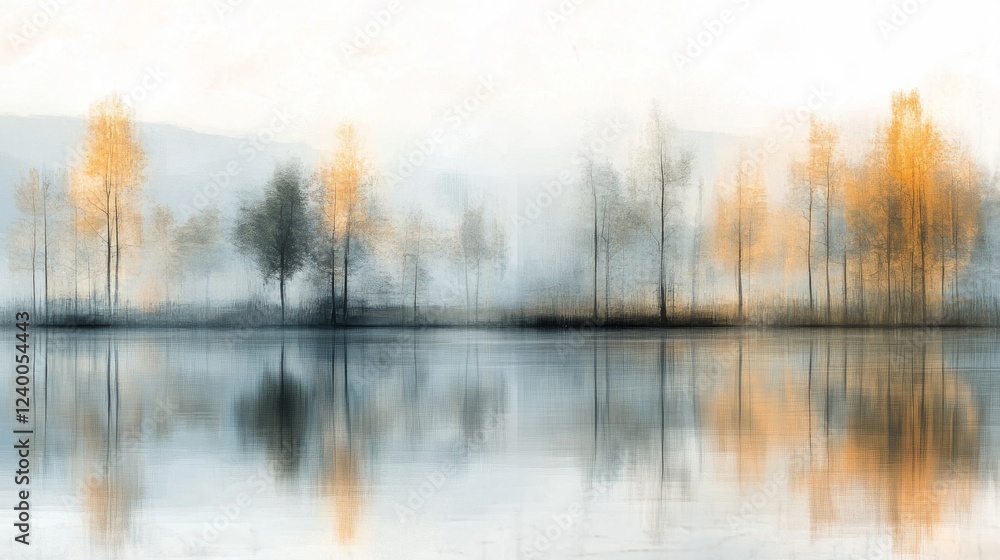 Obraz premium Misty Lake Autumn Landscape with Golden Trees