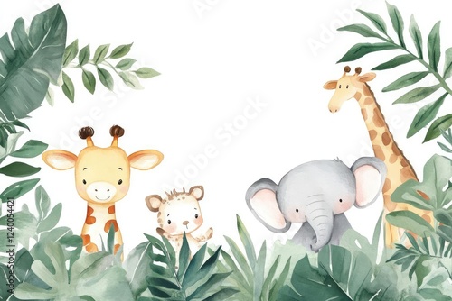 whimsical watercolor safari frame playful animals peeking from lush foliage soft pastel palette dreamy atmosphere photo