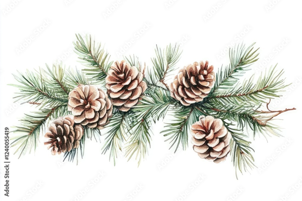 winter botanical scene with watercolor pine branches and pinecones winter botanical scene with watercolor pine branches and pinecones