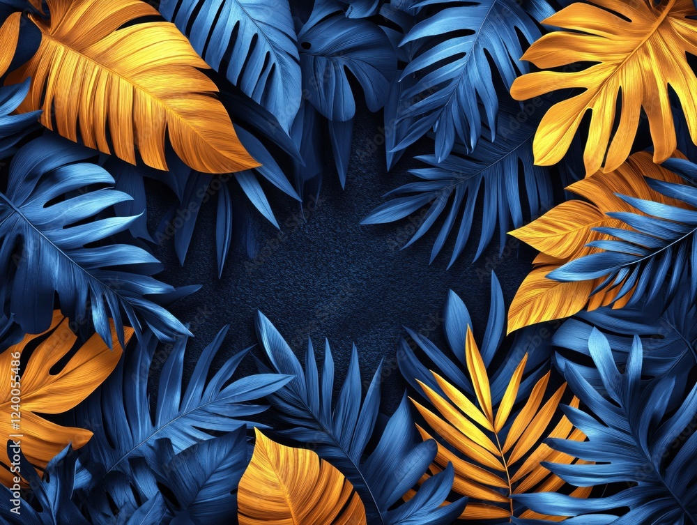 Tropical leaves in blue and gold create a striking pattern on a dark textured background Tropical leaves in blue and gold create a striking pattern on a dark textured background