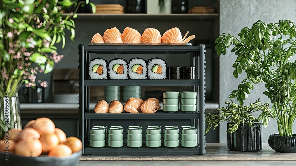 A delectable display of fresh sushi and sashimi, elegantly arranged on a modern three-tiered serving stand. Perfect for a stylish restaurant or home setting.