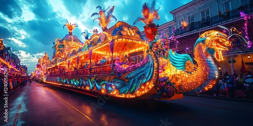 Parade float with a dragon on it is being pulled by a boat down a street photo