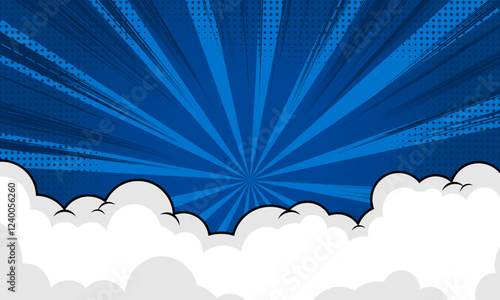 Pop art comic background with cloud and star. Cartoon Vector Illustration on blue