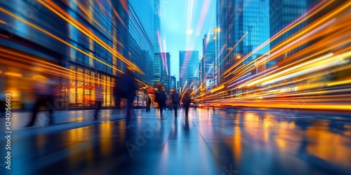 Businesspeople walking rain slicked sidewalk, futuristic nightscape glowing with blurred light trails, conveying urban momentum photo