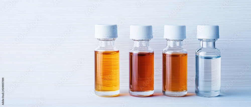 Four glass vials filled with various colored liquids line up against a light backdrop, showcasing a range of hues from amber to clear. Four glass vials filled with various colored liquids line up against a light backdrop, showcasing a range of hues from amber to clear.