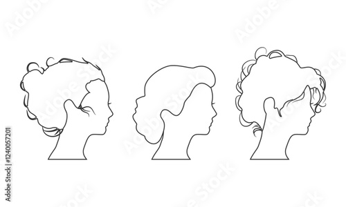 Young women face side view icon outline silhouettes set. Elegant silhouettes of a female head. Avatar profile sign