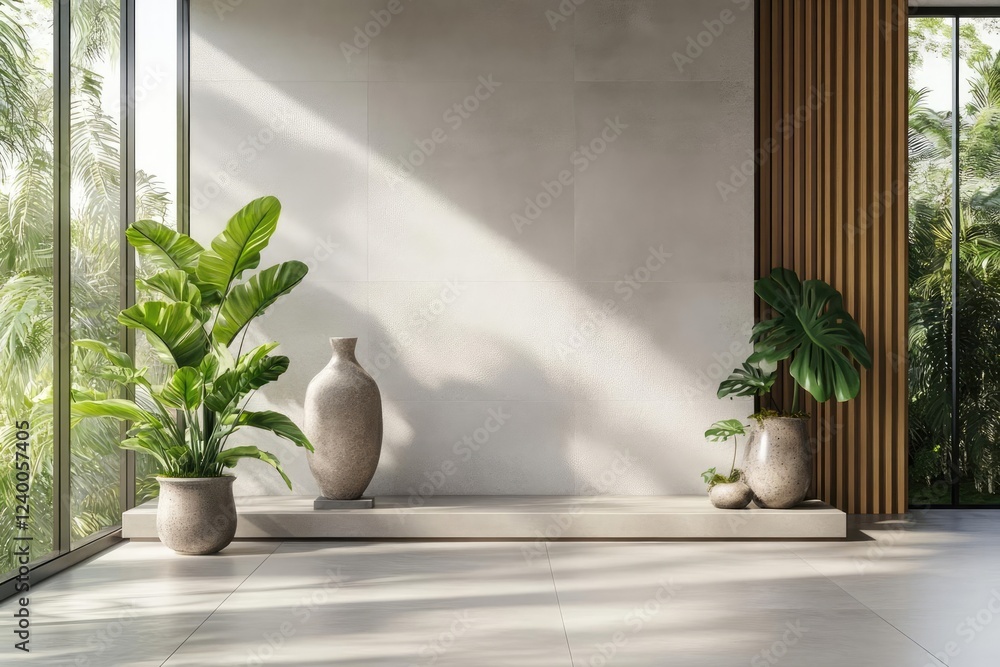 Fototapeta premium zen minimalist interior with sculptural ceramic and monstera